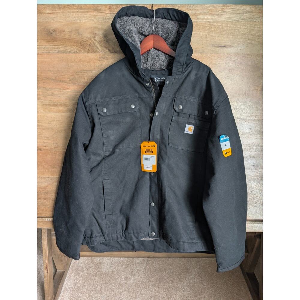 NWT Carhartt Washed Duck Utility Jacket Men XL Black Sherpa Lined Relaxed Hooded